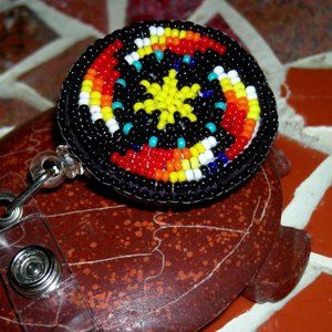 Native American Made 1 1/2" Beaded 4 Directions Retractable I.D. Holder